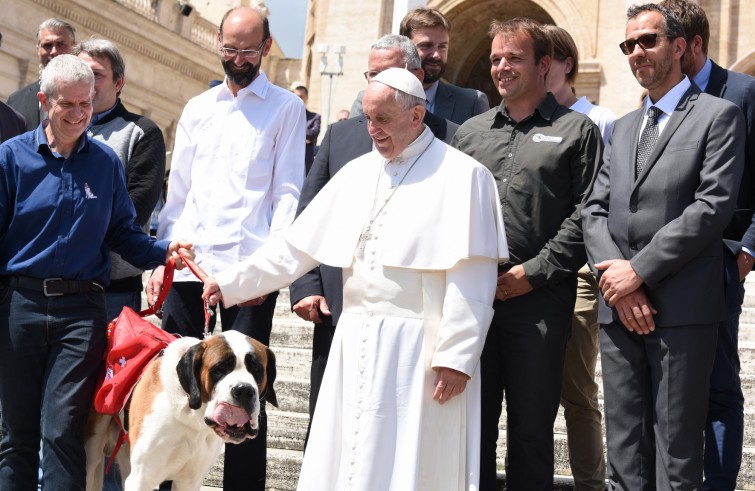 Piazza San Pietro, 18 maggio 2016: Udienza generale Papa Francesco - Papa Francesco con cane di San Bernardo