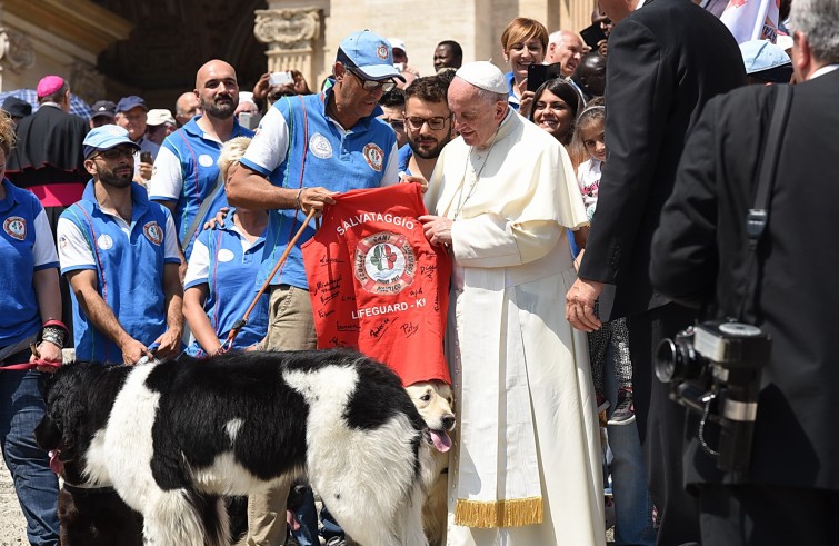 Piazza San Pietro, 8 giugno 2016: Udienza generale Papa Francesco - Papa Francesco riceve canotta salvataggio con cani